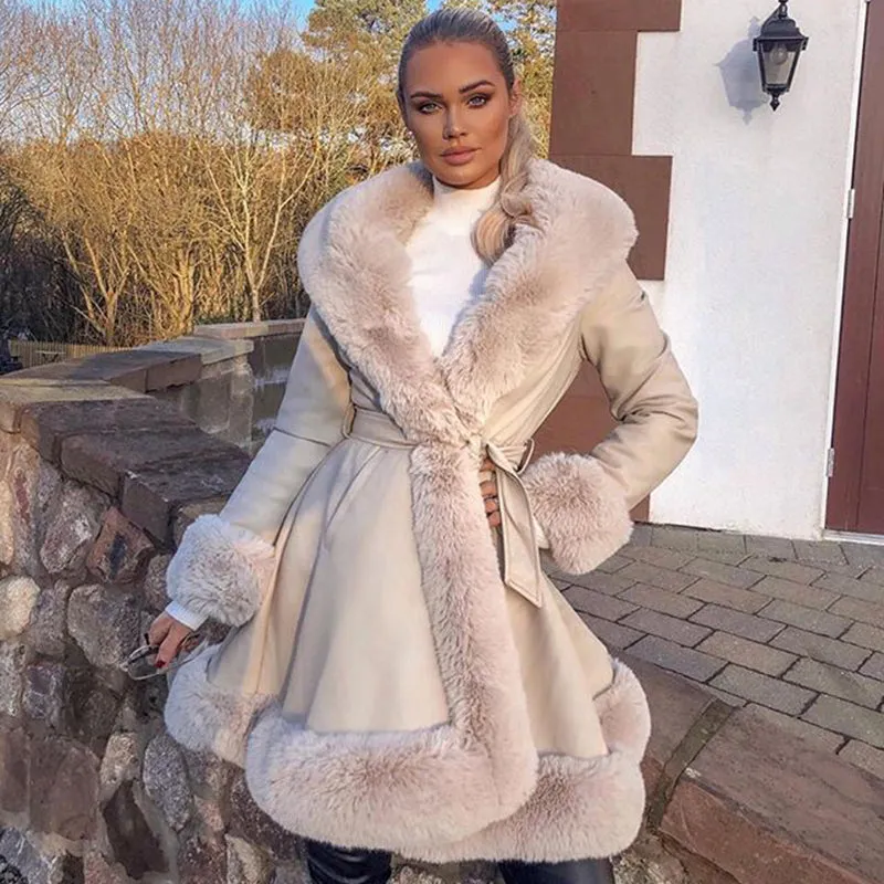 LANFUBEISI Fashion PU Leather Winter Warm Jackets WomenTie Belt Waist Long Coats Faux Fur Jackets Side Pockets Ladies Elegant Solid Coat