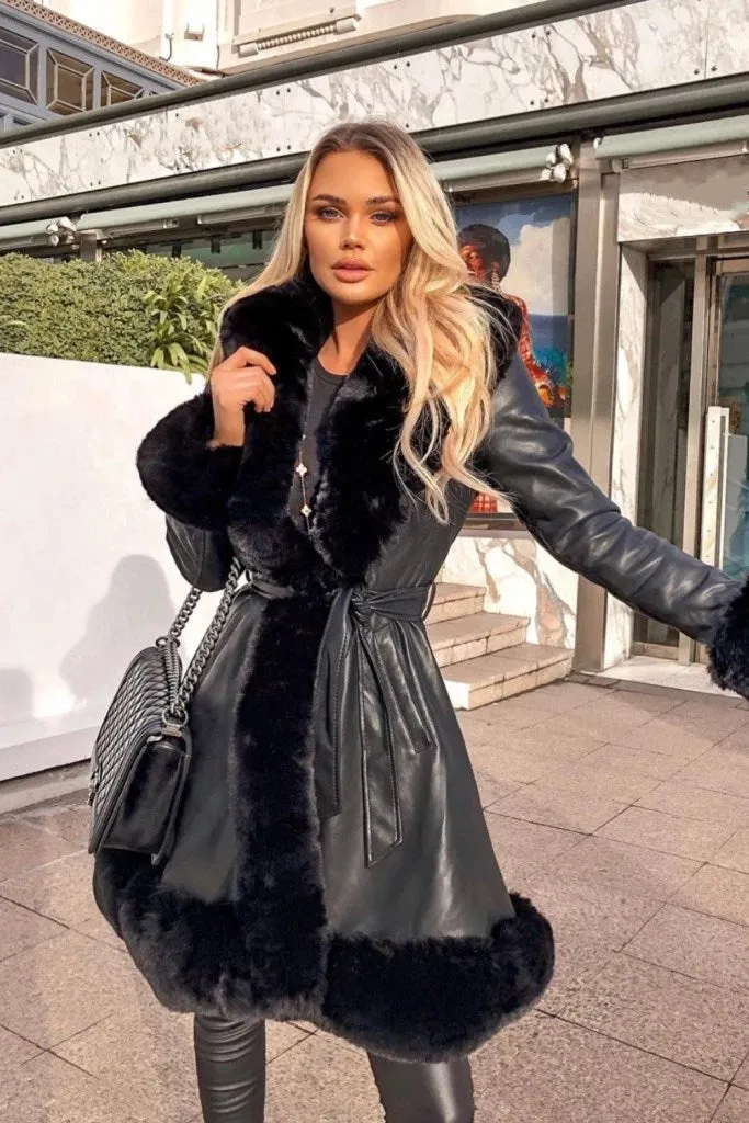 LANFUBEISI Fashion PU Leather Winter Warm Jackets WomenTie Belt Waist Long Coats Faux Fur Jackets Side Pockets Ladies Elegant Solid Coat