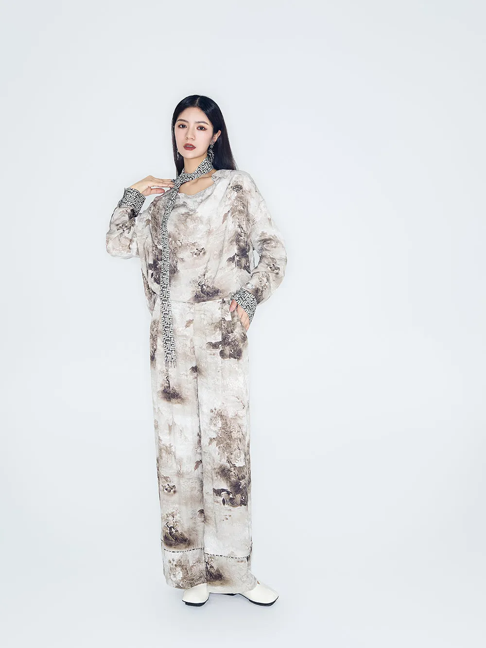MUKZIN Lilong "Mandarin Duck" Ink-Wash Wide Leg Pants