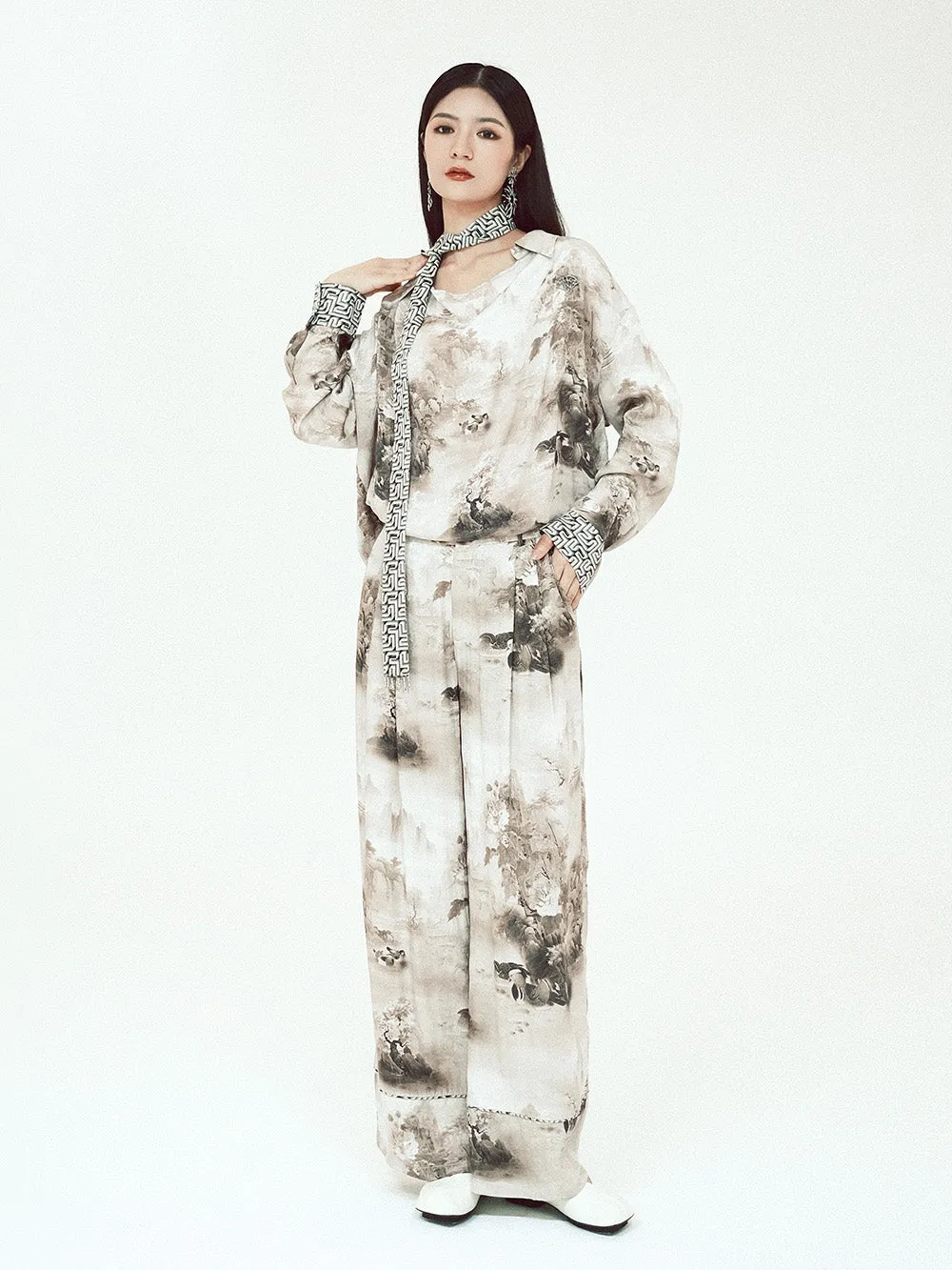 MUKZIN Lilong "Mandarin Duck" Ink-Wash Wide Leg Pants