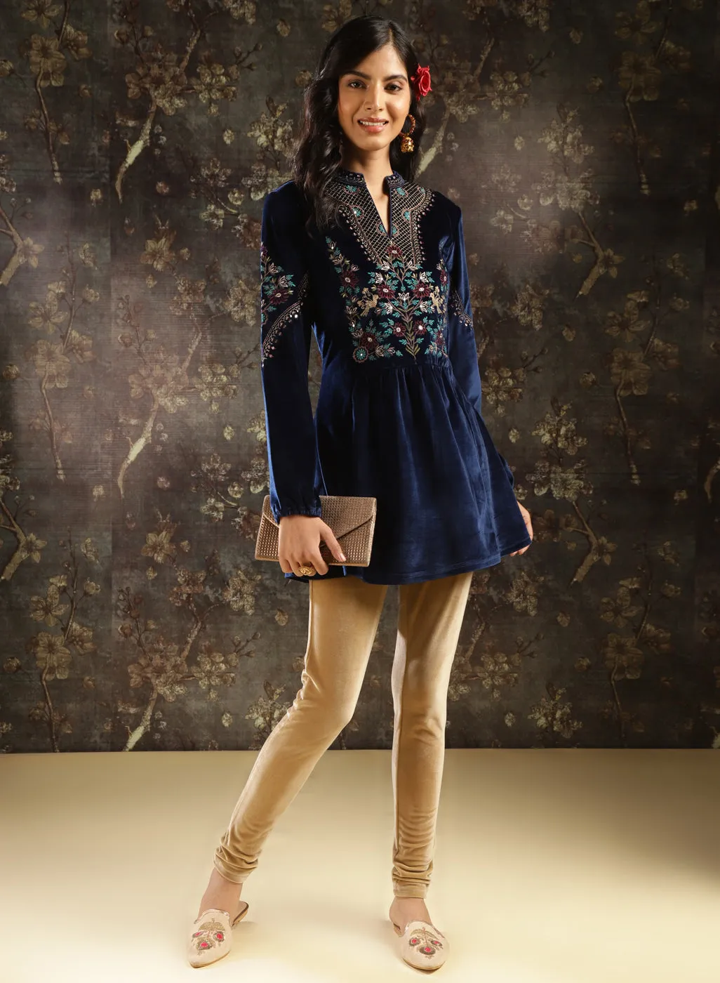 Navy Blue Embroidered Velvet Tunic for Women