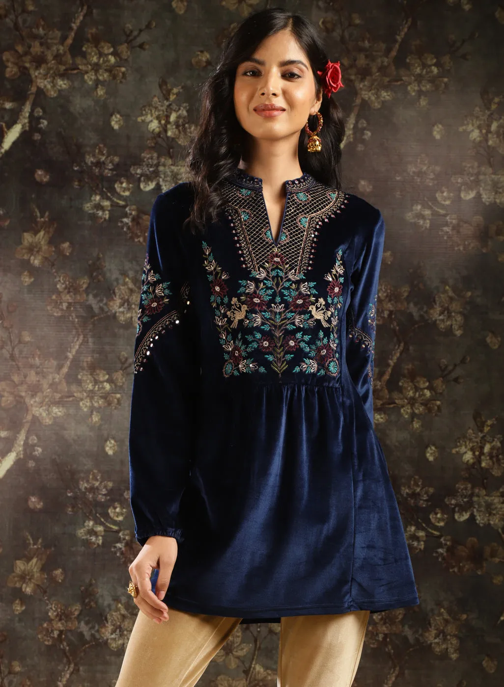 Navy Blue Embroidered Velvet Tunic for Women