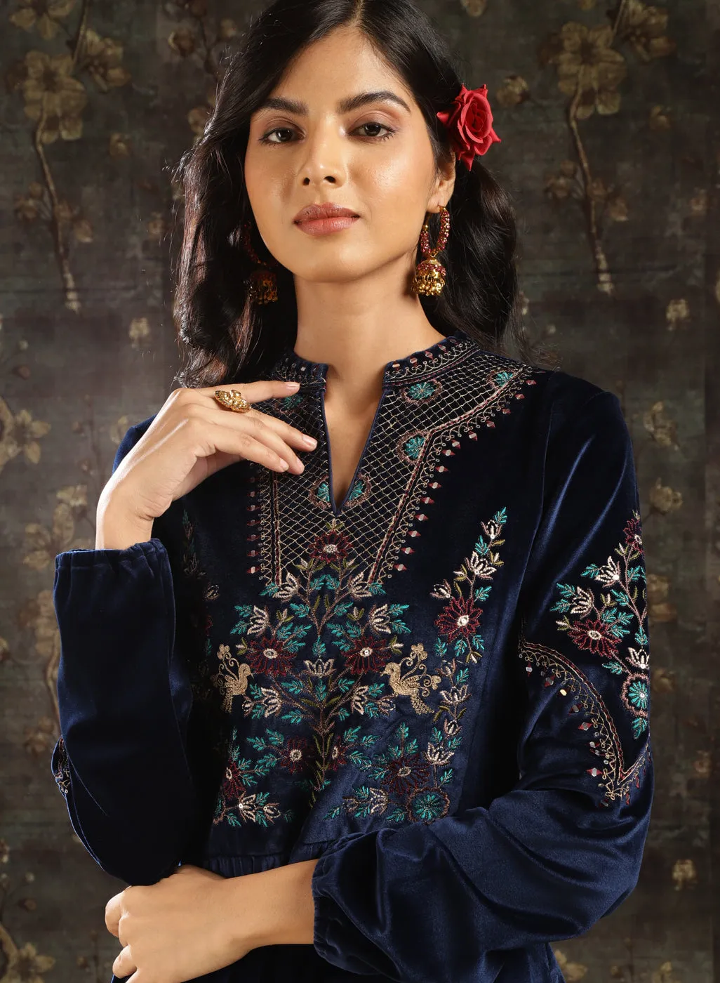 Navy Blue Embroidered Velvet Tunic for Women