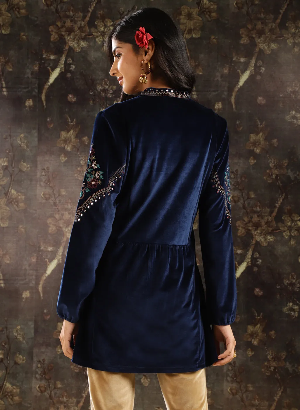 Navy Blue Embroidered Velvet Tunic for Women
