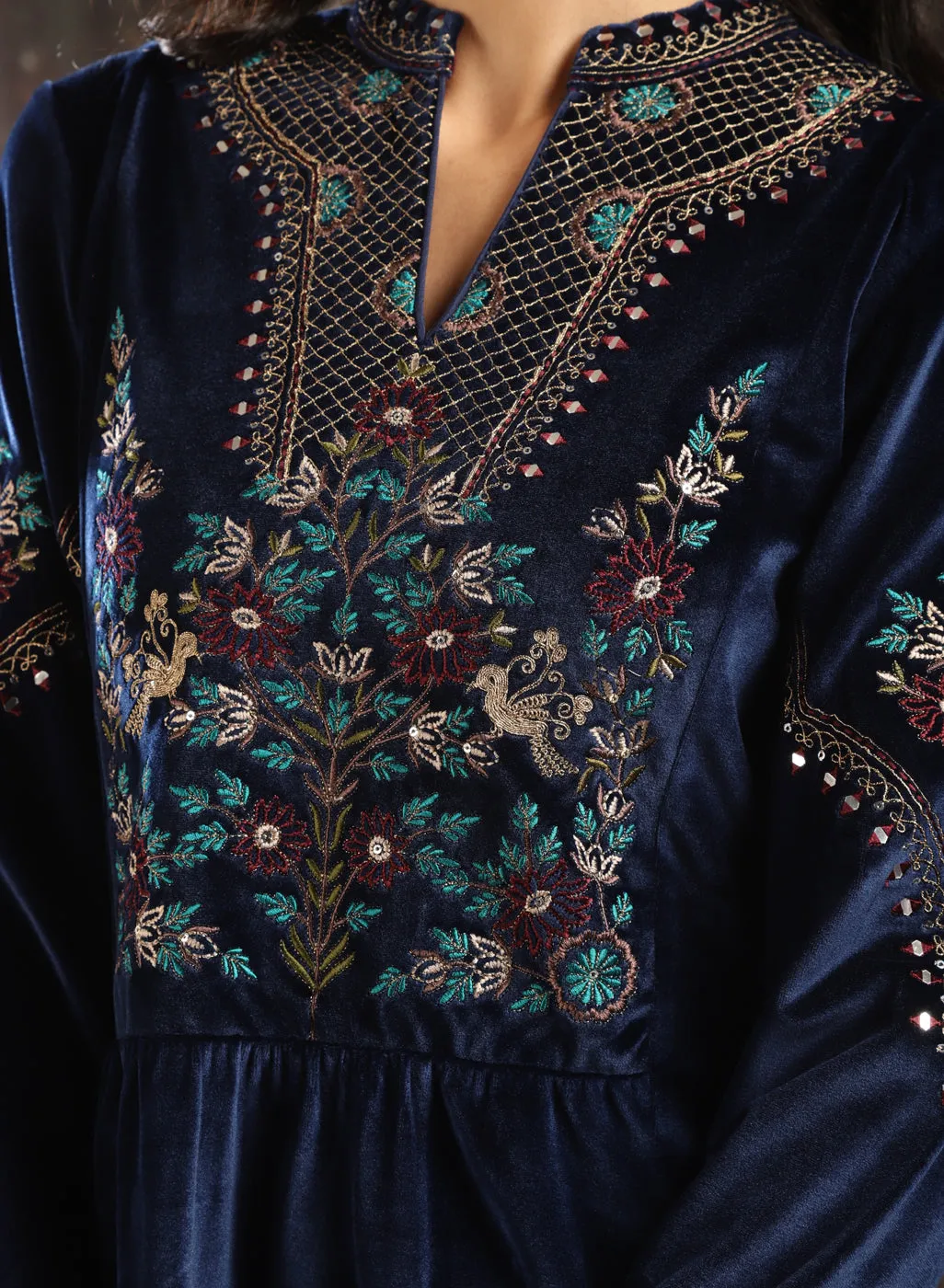 Navy Blue Embroidered Velvet Tunic for Women