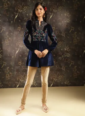 Navy Blue Embroidered Velvet Tunic for Women