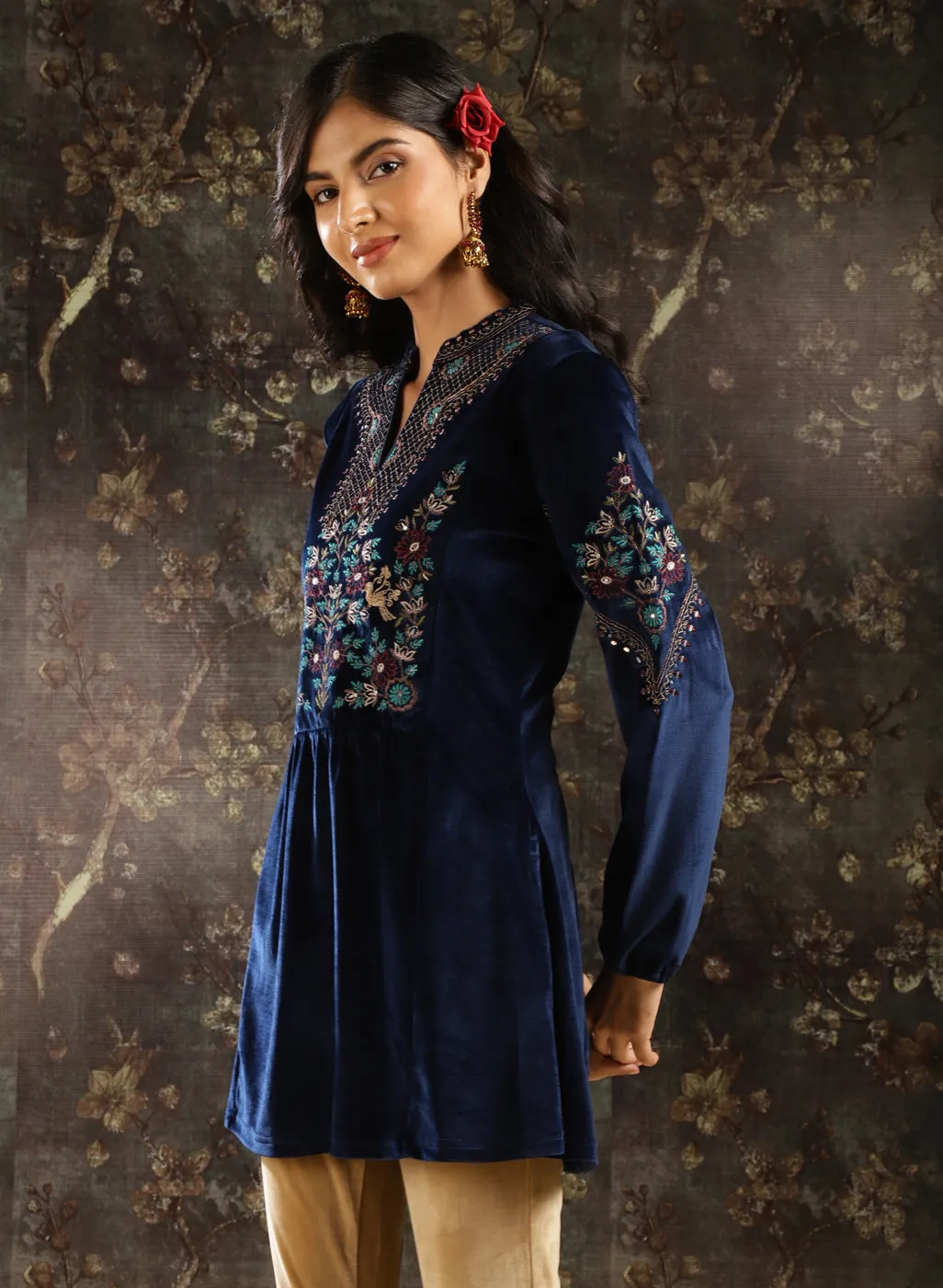 Navy Blue Embroidered Velvet Tunic for Women