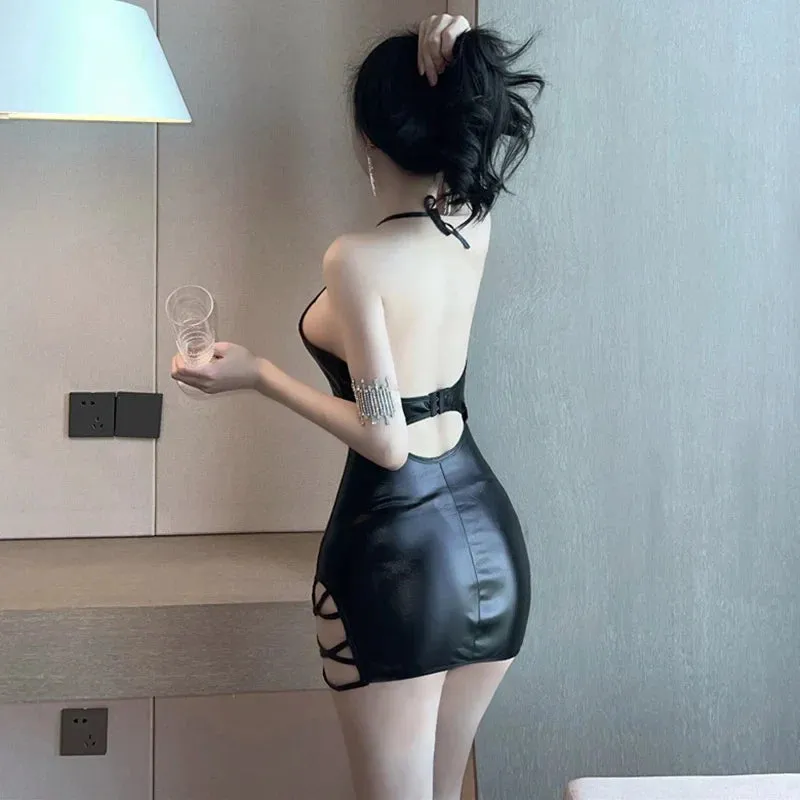 Patent Summer Sexy Slit Wrap Hip Hollow V-Neck Backless Leather Sleeveless Dress