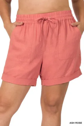 PLUS LINEN DRAWSTRING-WAIST SHORTS WITH POCKETS PLUS LINEN DRAWSTRING-WAIST SHORTS WITH POCKETS