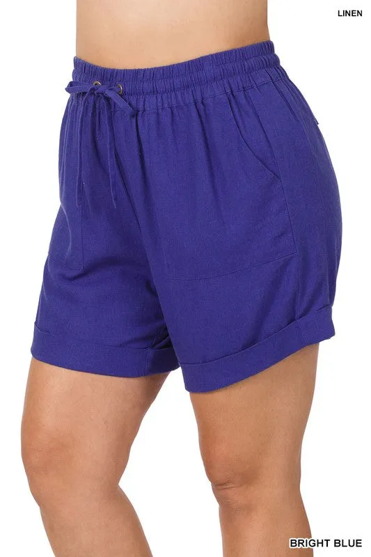 PLUS LINEN DRAWSTRING-WAIST SHORTS WITH POCKETS