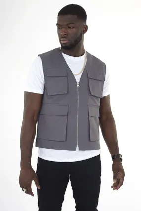 POCKET DETAIL GREY UTILITY STYLE GILET
