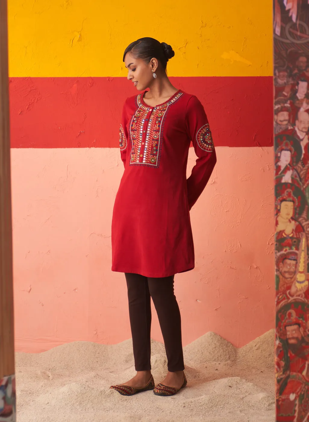 Red Embroidered Woollen Kurti for Women with Mirror Work