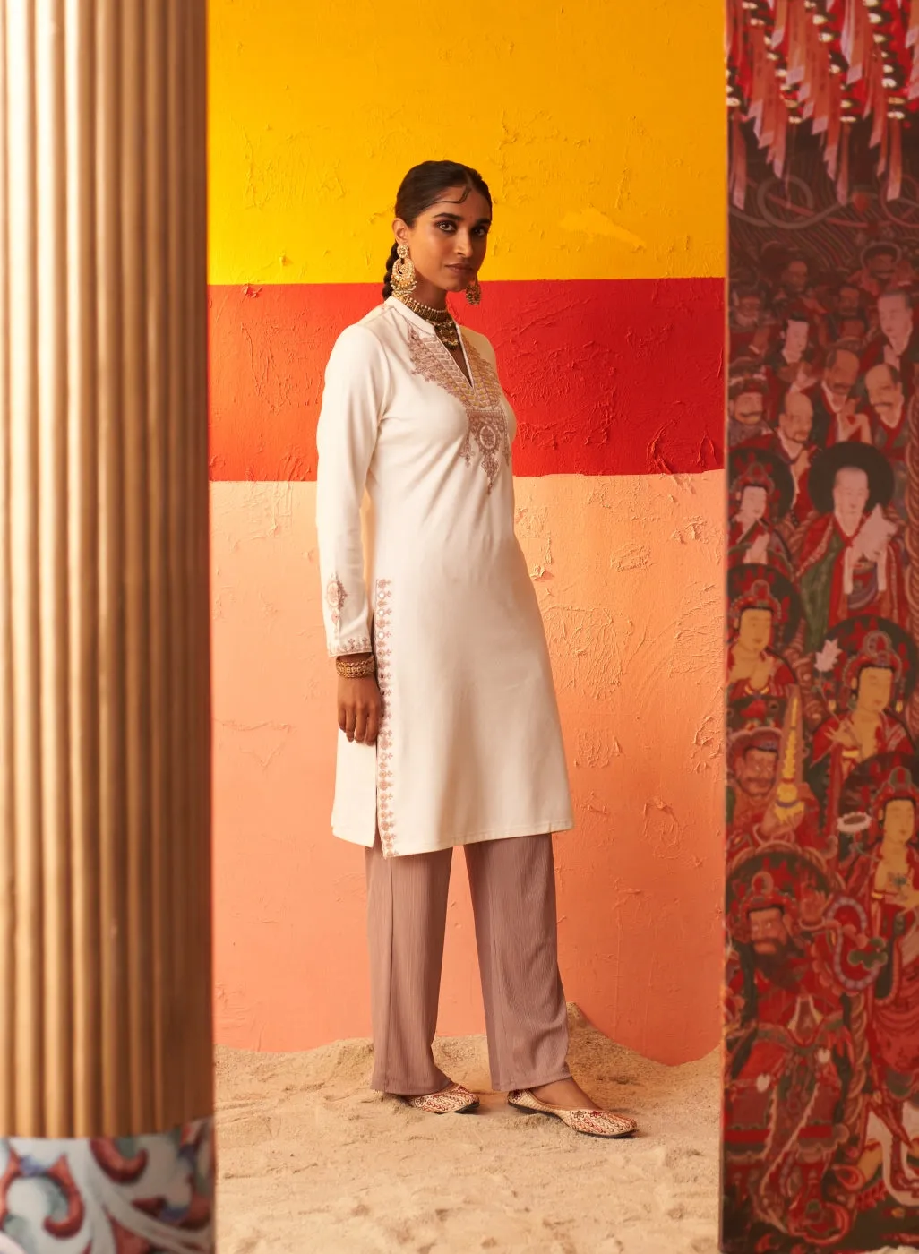 White Embroidered Woollen Kurti for Women with Mirror Work