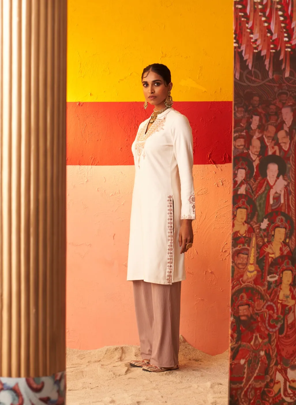 White Embroidered Woollen Kurti for Women with Mirror Work