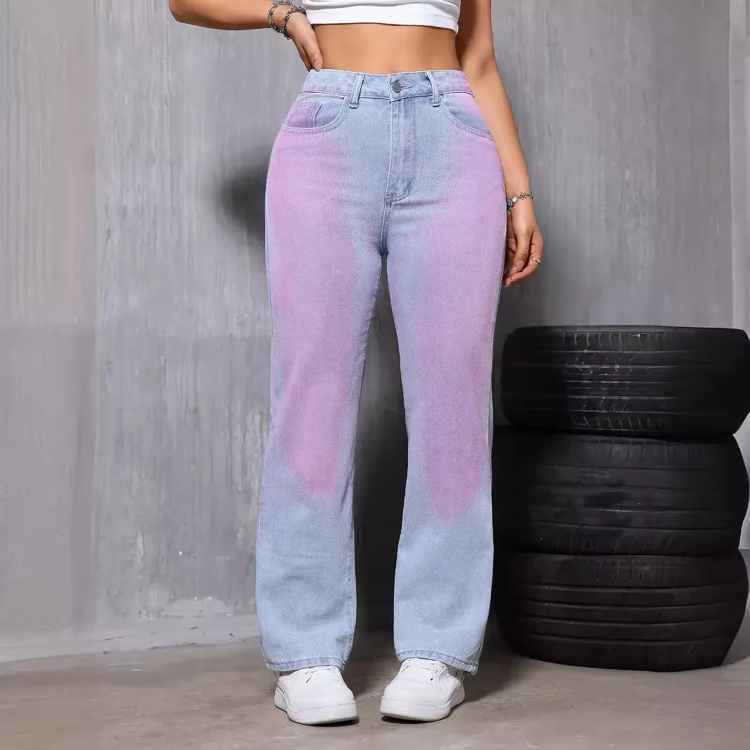 Women High Waist Dyed Straight Jeans Small Loose Slimming All Matching Casual Pants