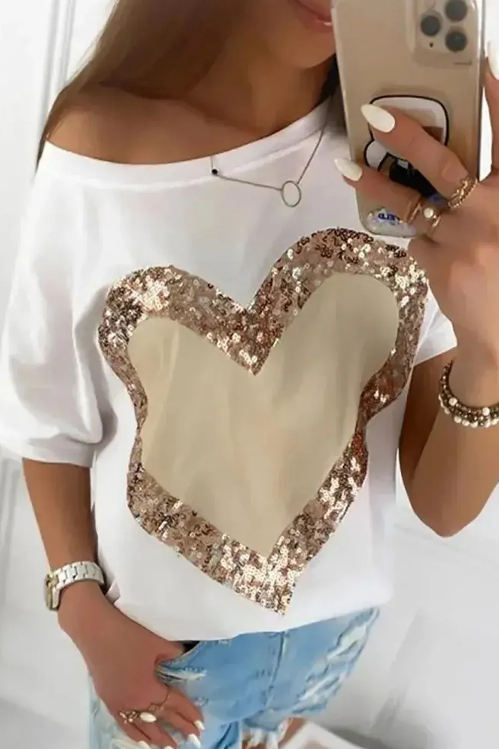 Women's Valentine's Day Sequined Heart Crew Neck Short Sleeve Top