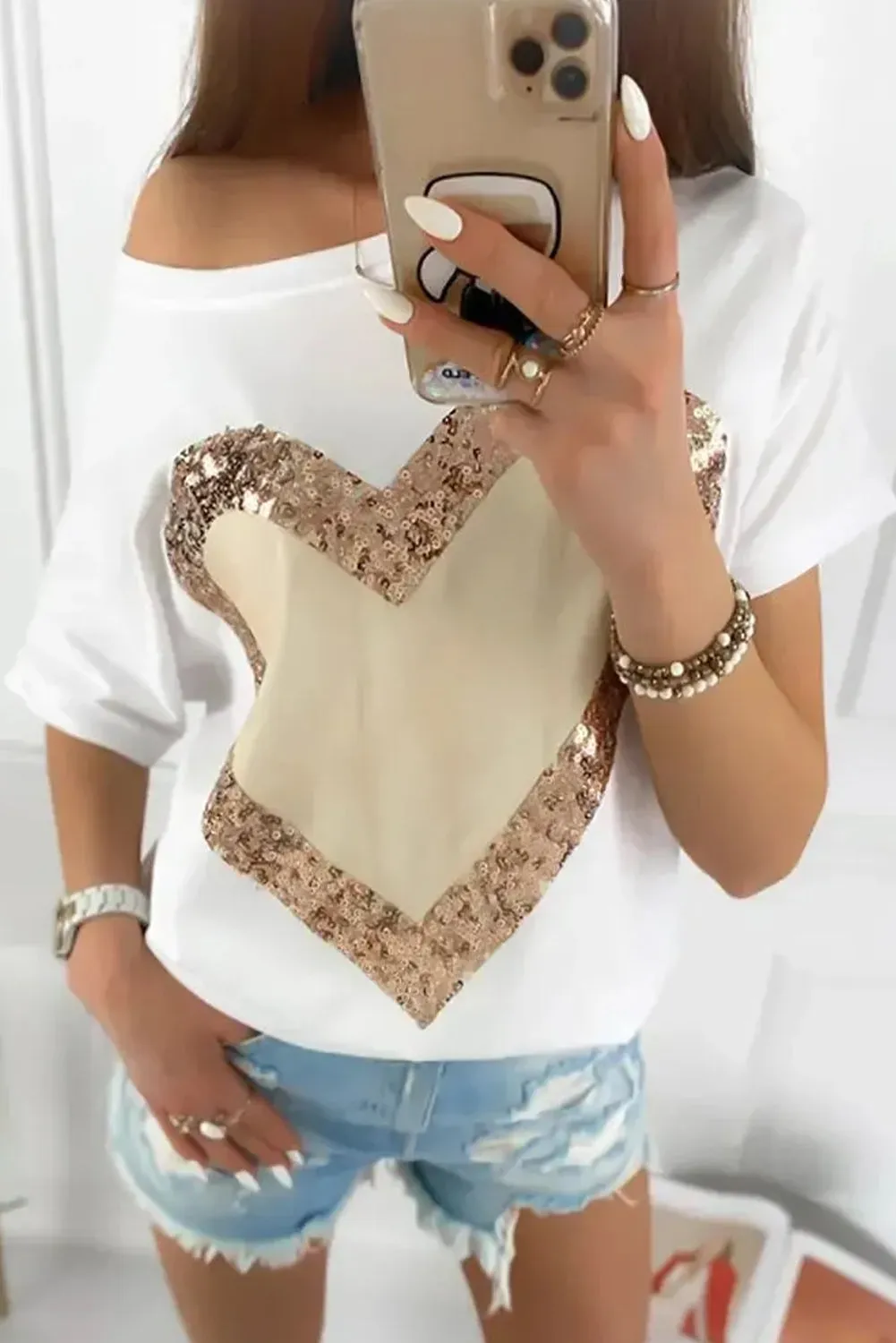 Women's Valentine's Day Sequined Heart Crew Neck Short Sleeve Top